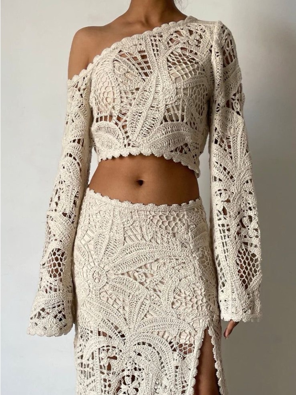 HEMANT & NANDITA Cream Crochet Maxi Skirt